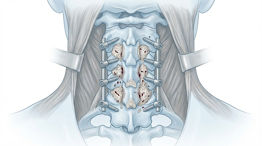 Ilustración posterior de columna cervical mostrando artrodesis multisegmentaria con tornillos y barras para estabilizar e inducir la fusión ósea.